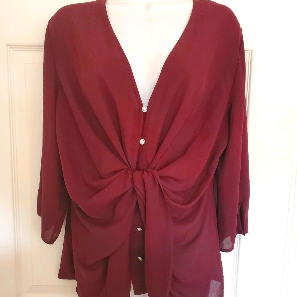 Rhinestone Button Faux Wrap Blouse